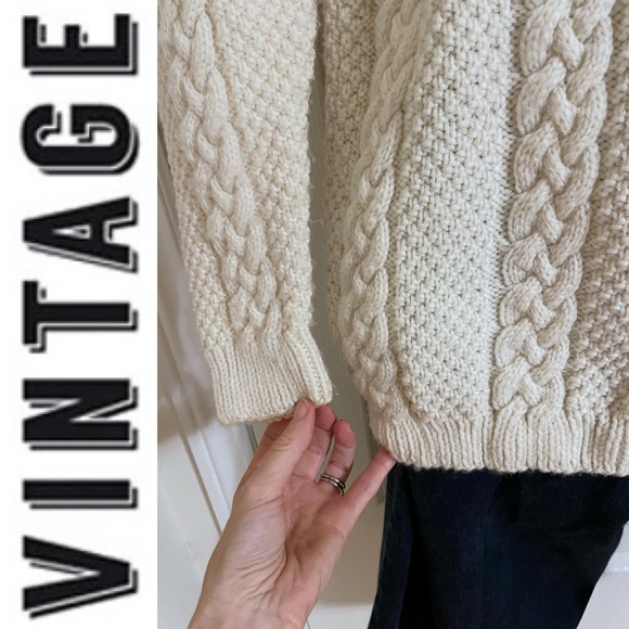 Hand knit Fishermen cable knit cream button-down cardigan chunky sweater - Picture 10 of 16